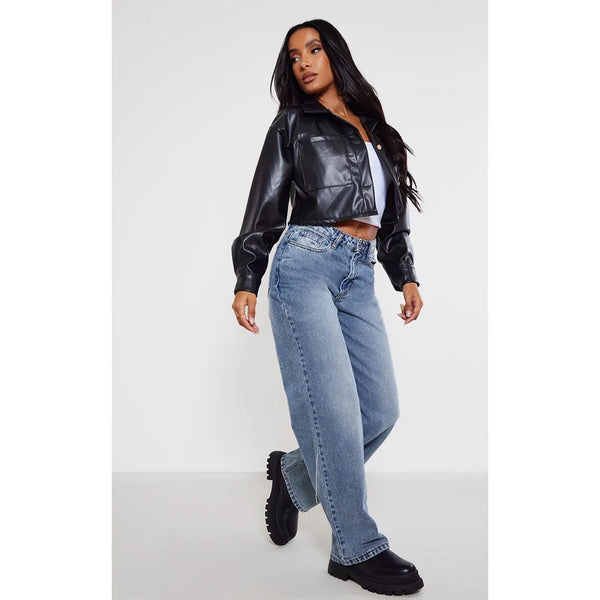 Oversized Cropped Black Leather Jacket – Vintage Jacket