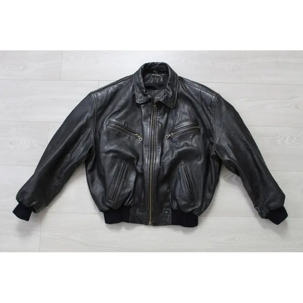 90s American Flag Leather Black Bomber Jacket