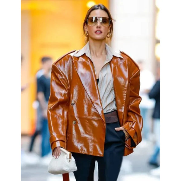 即発送可 anytee Vintage Leather Jacket Alessandra-Ambrosio-Brown-