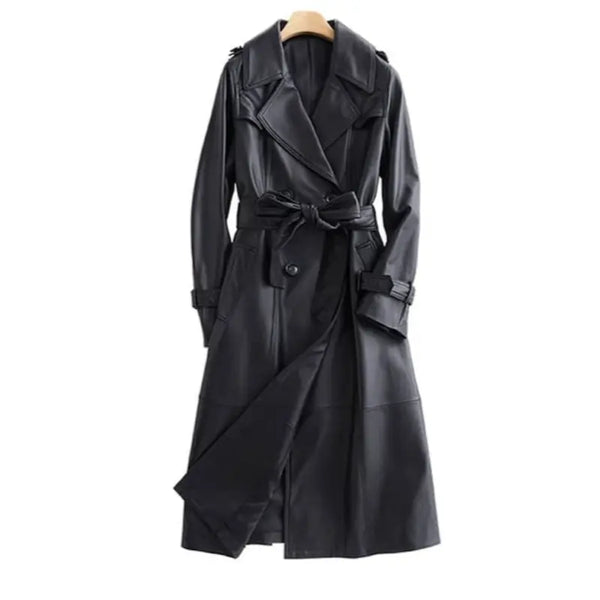 Black Leather Long Coat With Belt