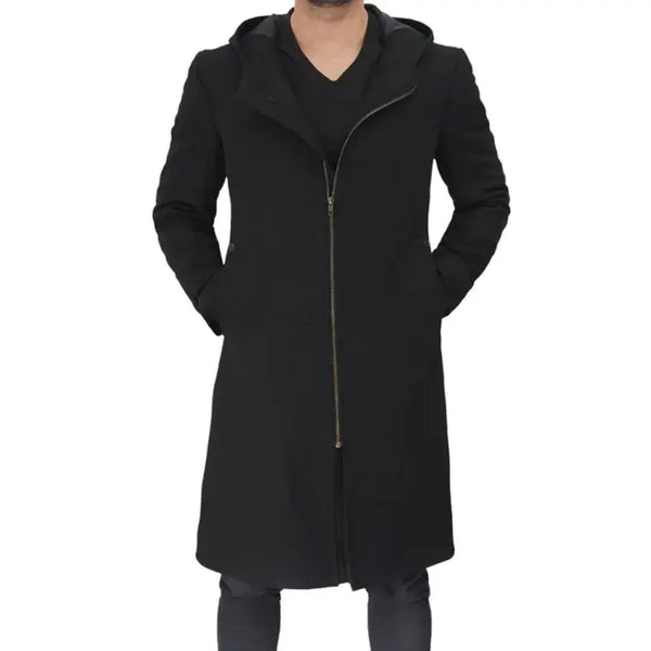 Black Wool Fabric Hooded Coat