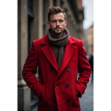 Men's Red Double-Breasted Wool Overcoat Elegant Knee-Length Coat