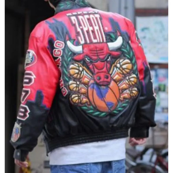 Jeff Three Peat Chicago Bulls Leather Jacket – Vintage Jacket
