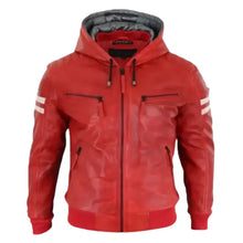 Men Red Hooded Leather Jacket