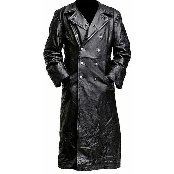 Men Black Leather Lapel Collar Long Trench Coat