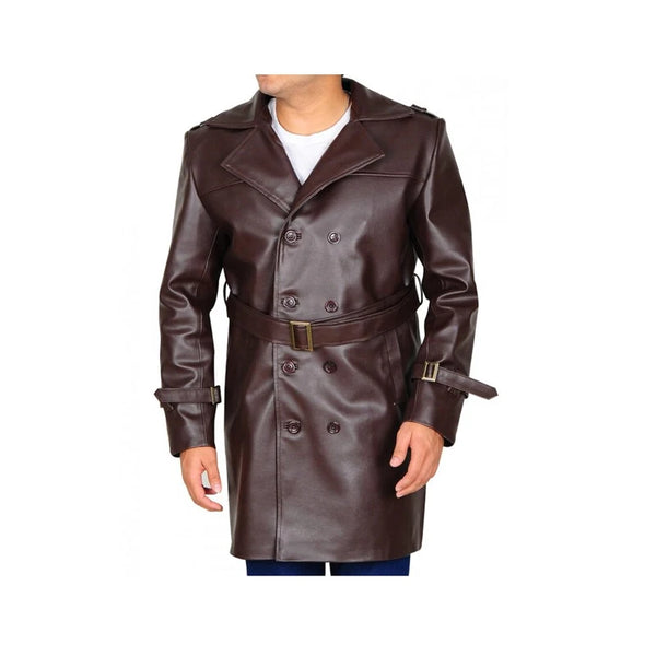Men Steampunk Leather Coat With Belt Waist