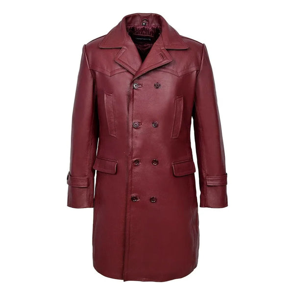Men's Burgundy Soft Real Leather Long Coat