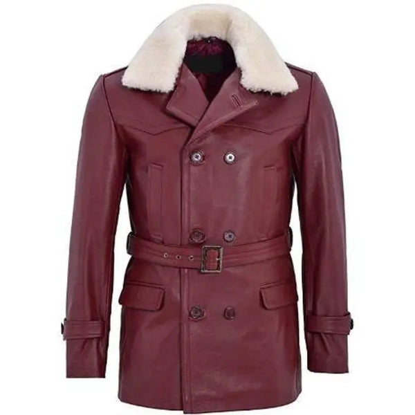 Men's Dark Red Fur Collar Leather Coat