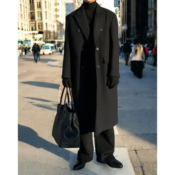 Men's Black Wool Overcoat Double Breasted Overcoat Winter Coat, Vintage Wool Coat
