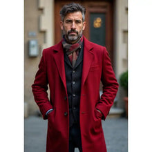 Men's Red Double-Breasted Wool Overcoat Elegant Knee-Length Coat