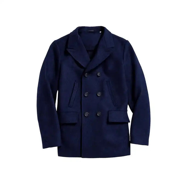 Men’s Navy Blue Double-Breasted Wool Peacoat – Premium Winter Coat