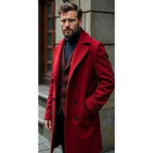 Men's Red Double-Breasted Wool Overcoat Elegant Knee-Length Coat