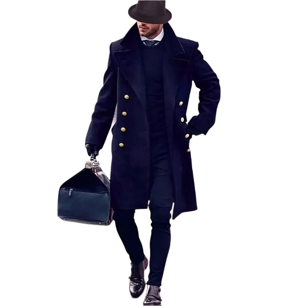 Menista Men Handmade Premium Navy Wool Mens Long Trench Coat