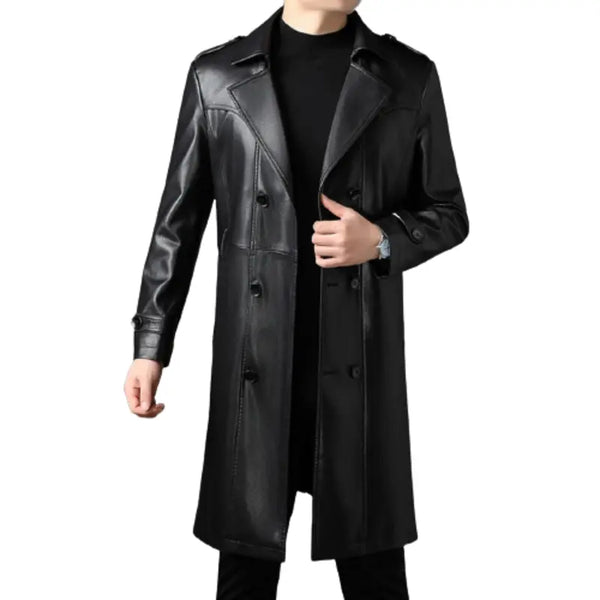 牛革ロングコート 本革 ロングコートジャケット Real Cow Leather Long Coat Jacket---///// Black Real Cow Leather Coat – Vintage Jacket