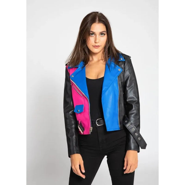 Multicolor Real Lambskin Motorcycle Biker Jacket