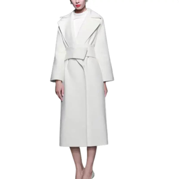White Wool Belted Long Coat