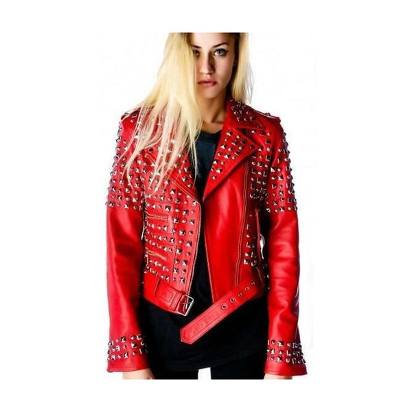Women-Red-Belted-Silver-Studded-Leather-Jacket