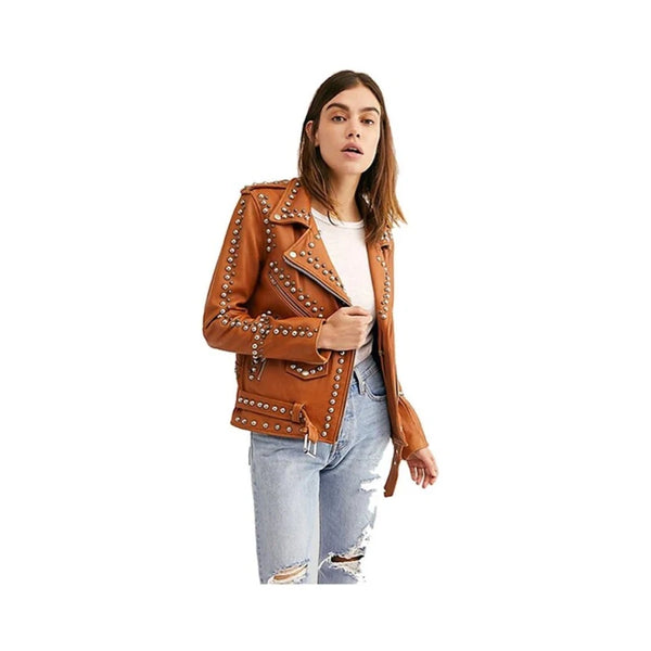 WomenTanLeatherMotoStuddedJacket