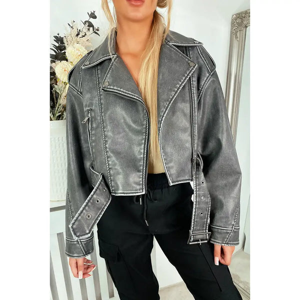 Women Grey Distressed Leather Biker Jacket