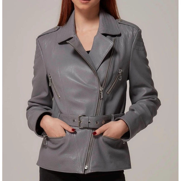 Women Grey Motorcycle Leather Jacket