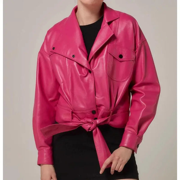 Women Pink Biiker Lambskin Leather Jacket