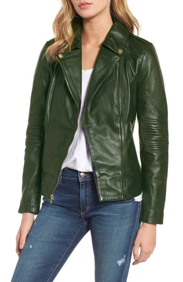 Women's Genuine Leather Green Motorcycle Jacket