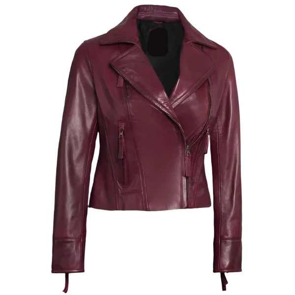 Women's Motorcycle Real Lambskin Maroon Leather Jacket