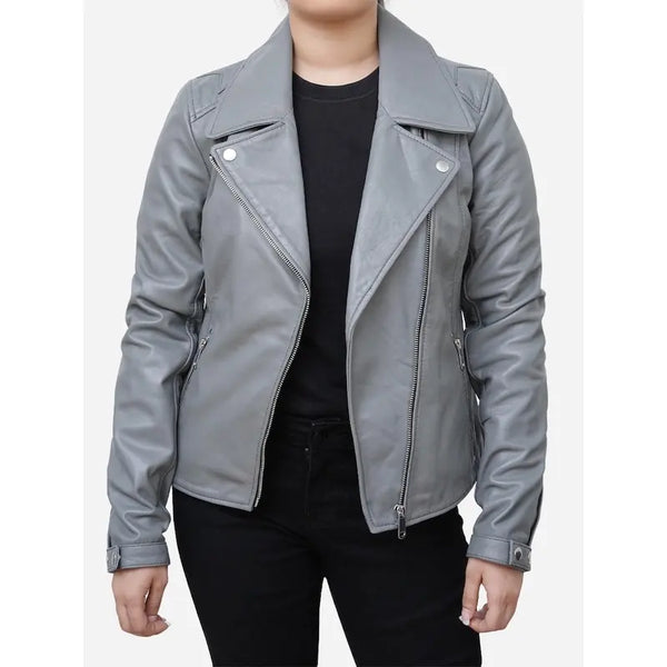Womens Biker Motorcycle Gray Leather Jacket