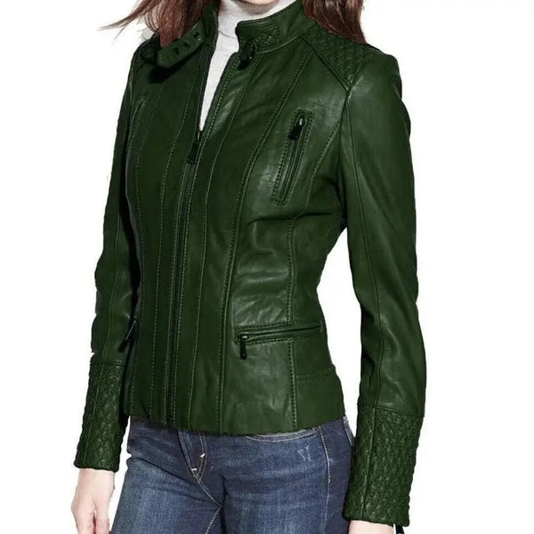 Womens Green Stylish Quilted Slim-Fit Motorcycle Leather