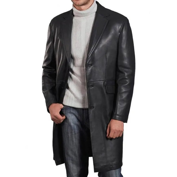Men Black Leather Lapel Collar Coat