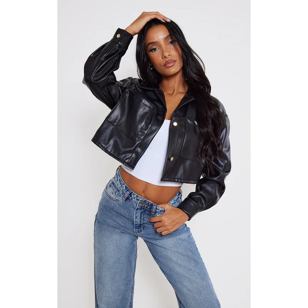 Oversized Cropped Black LeatherJacket