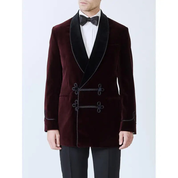 Burgundy Double Breasted Velvet Smoking Jacket