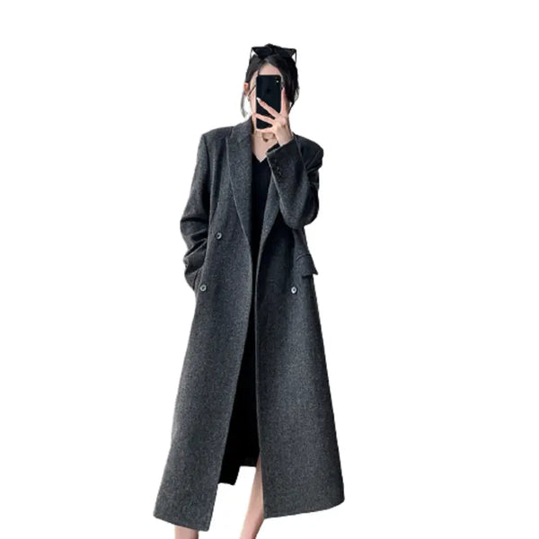 Women's Notched lapels Gray Wool Long Coat