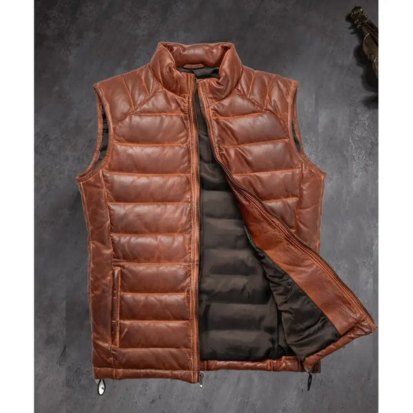 Bubble Lambskin Leather Down Western Brown Men's Vest