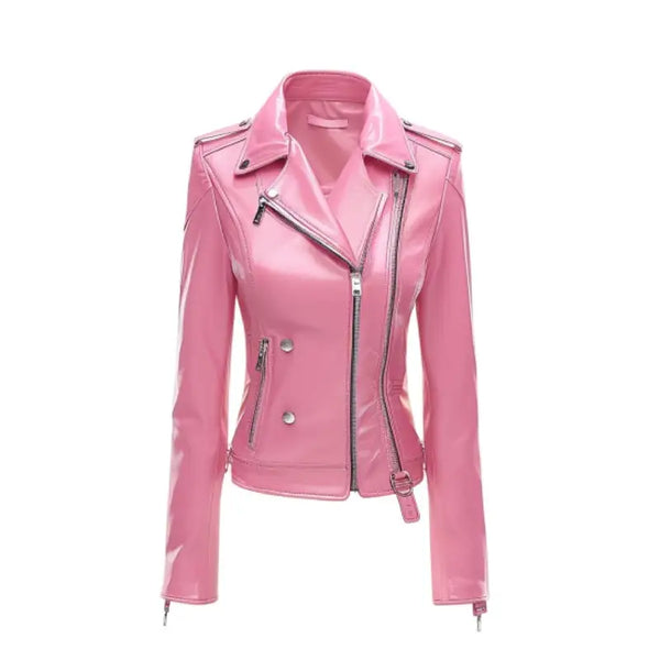 Womens Pink Motorcycle Faux Leather Jacket
