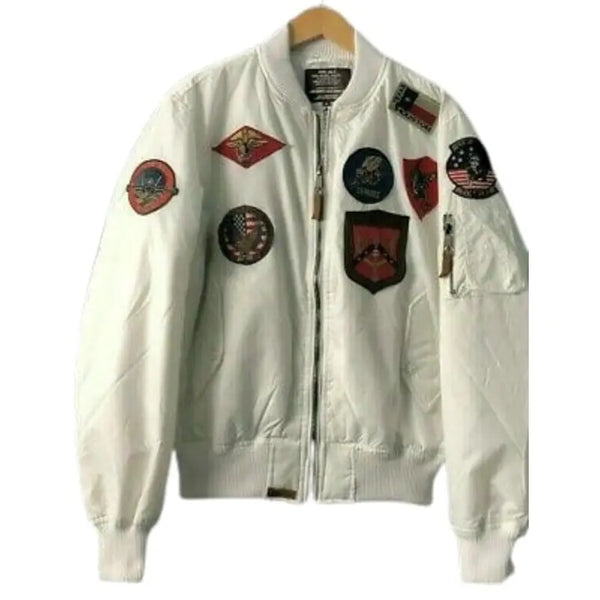 Men Top Gun MA-1 White Nylon Bomber Jacket