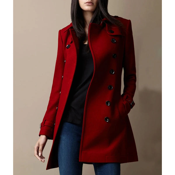 Red Wool Mid Length Trench Coat