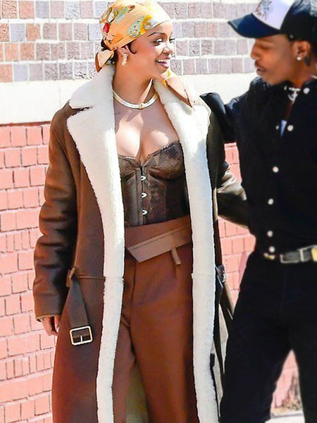Rihanna Long Brown Leather Coat – Luxe Brown Winter Outerwear