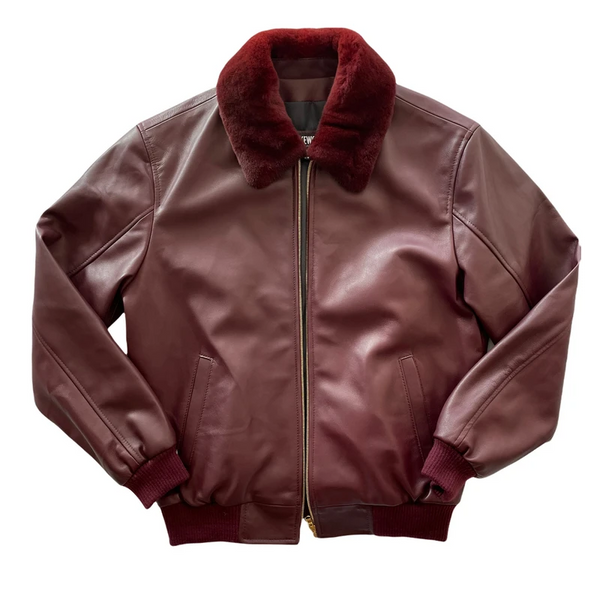 Burgundy Bomber Leather Jacket with Fur Collar