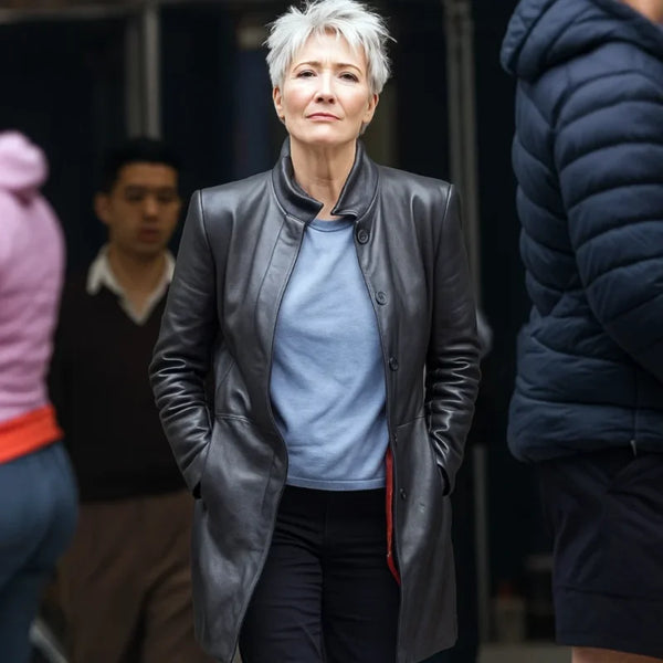 Emma-Thompson-Down-Cemetery-Road-Black-Leather-Trench-Coat