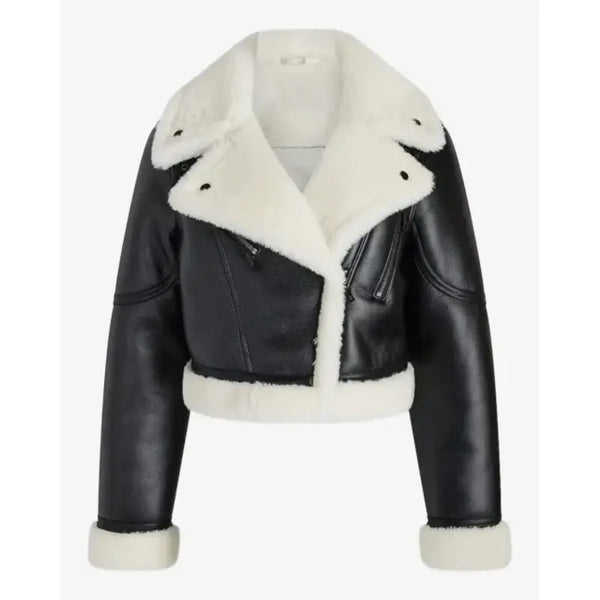 Faux Leather Sherpa Lined Cropped Moto Black Jacket