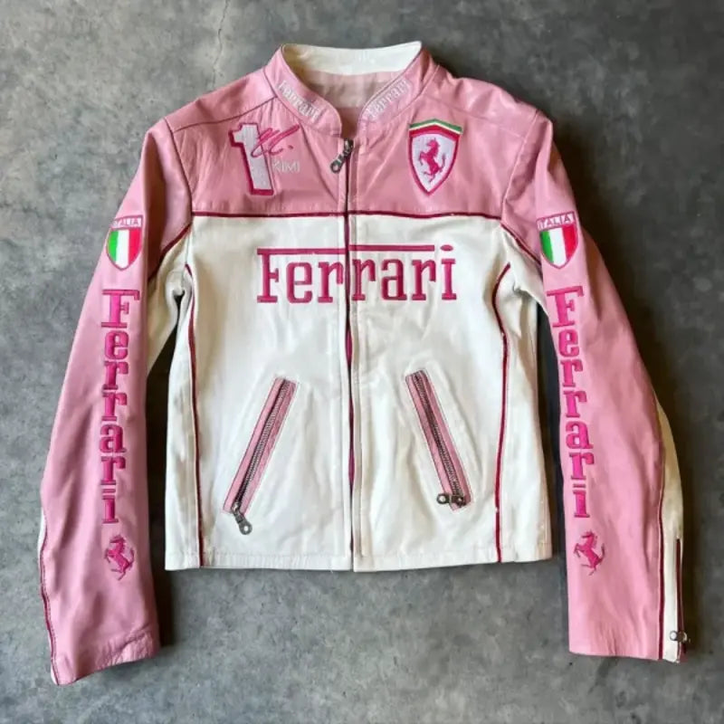 Ferrari フェラーリ レザージャケット 未使用 M ピンク×ホワイト Ferrari Pink Leather Jacket – Vintage Jacket