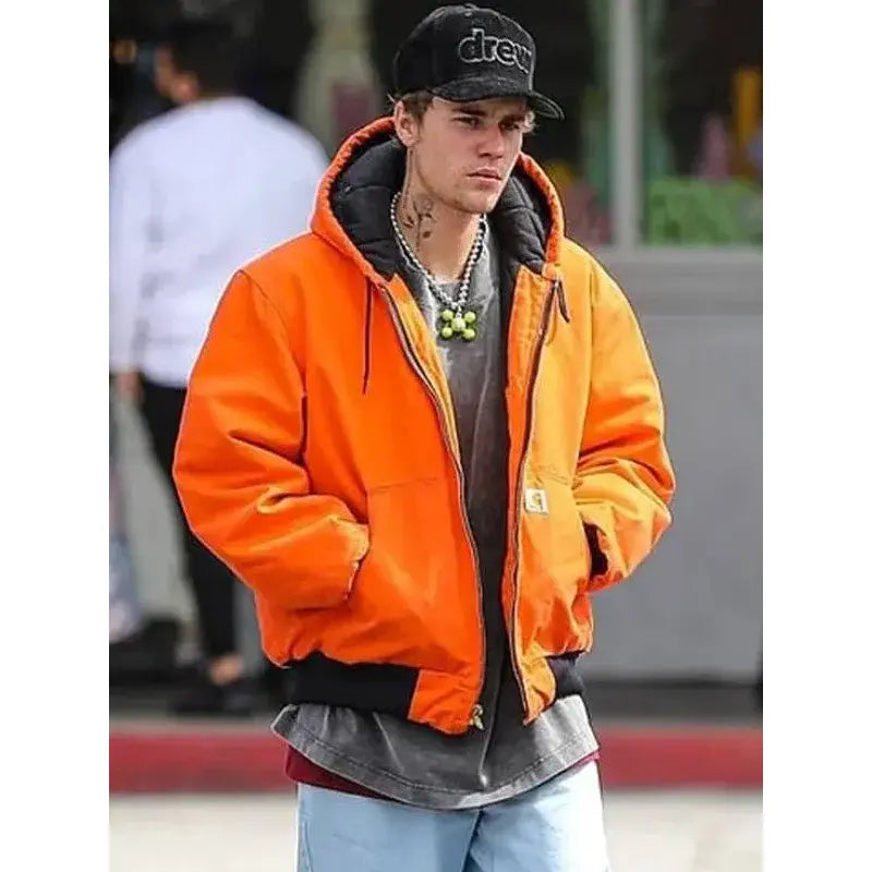 Justin Bieber Orange Hooded Jacket – Vibrant Streetwear Icon Justin Bieber Orange Hooded Jacket – Vibrant Streetwear Icon