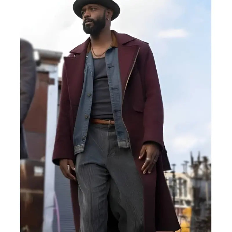 LaKeith Stanfield Play Dirty Maroon Wool Coat | Movie Style