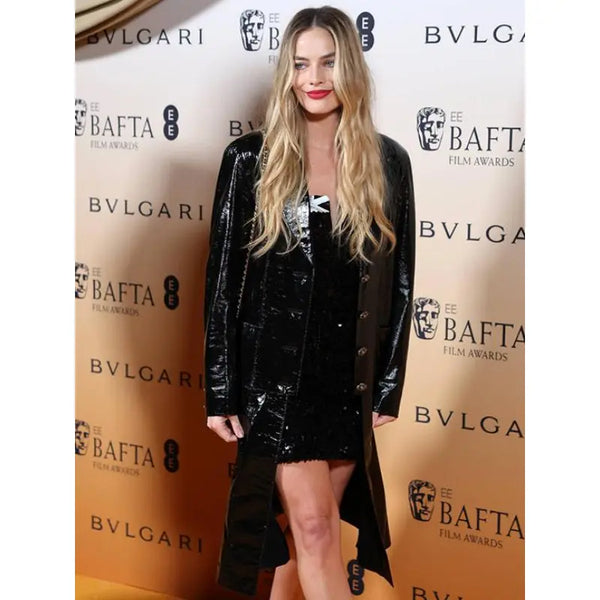 margot robbie leather dress Margot Robbie 2024 BAFTA Awards Black Leather Coat – Vintage Jacket