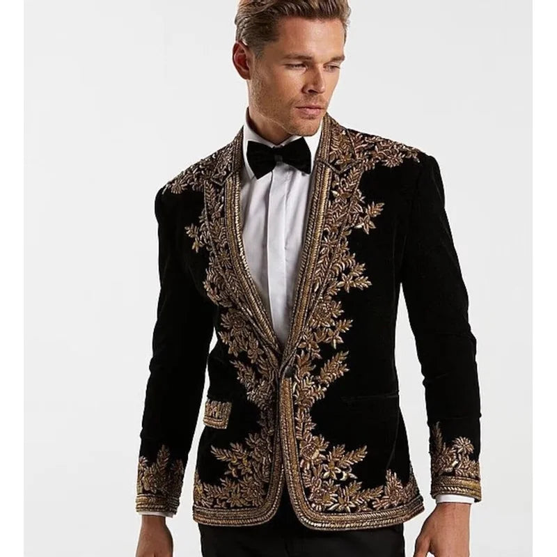 Men Black Velvet Hand Embroidered Blazer Vintage Jacket