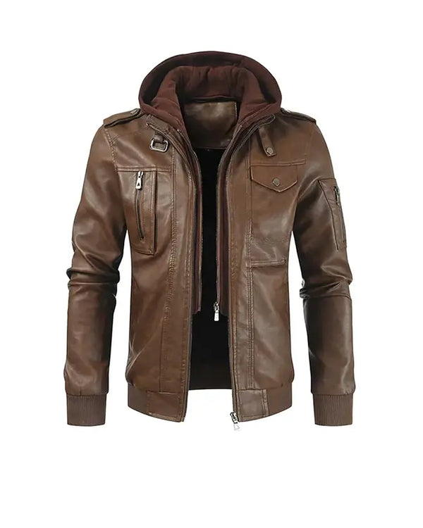 Brown Hooded Biker Jacket For Men