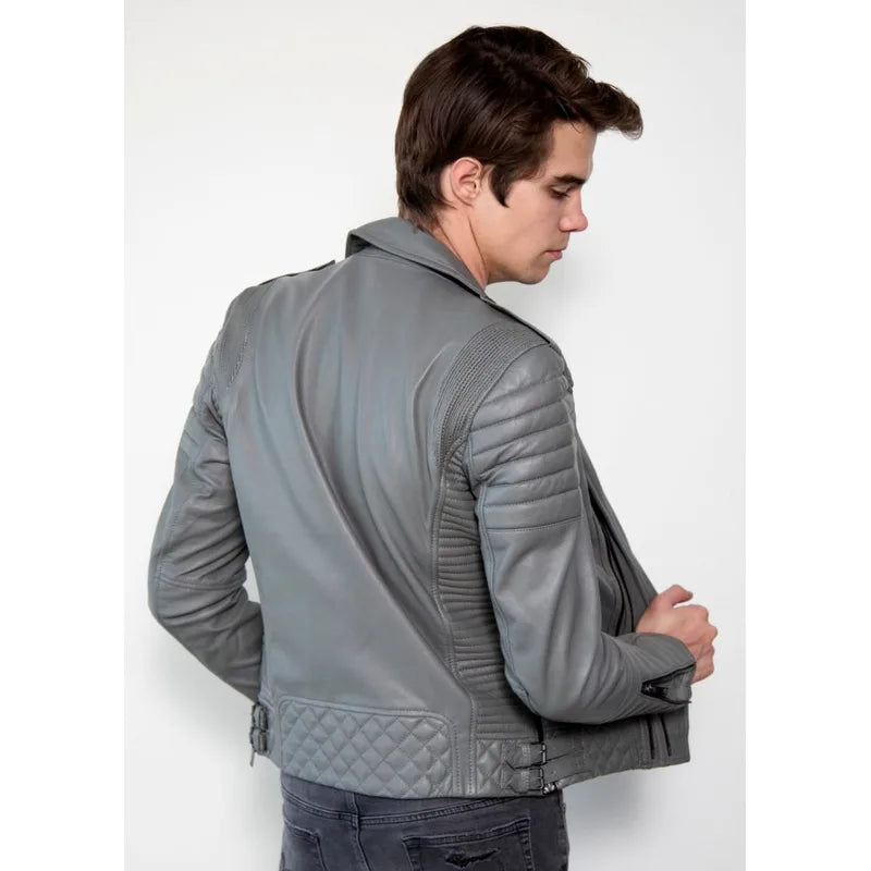 Mens Gray Quilted Genuine Leather Motorcycle Jacket – Vintage Jacket