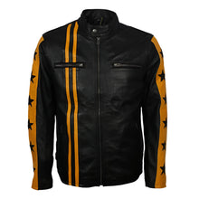 Men's star design striped cafe racer leather jacket