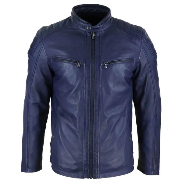 Blue Biker Style Genuine Leather Jacketv